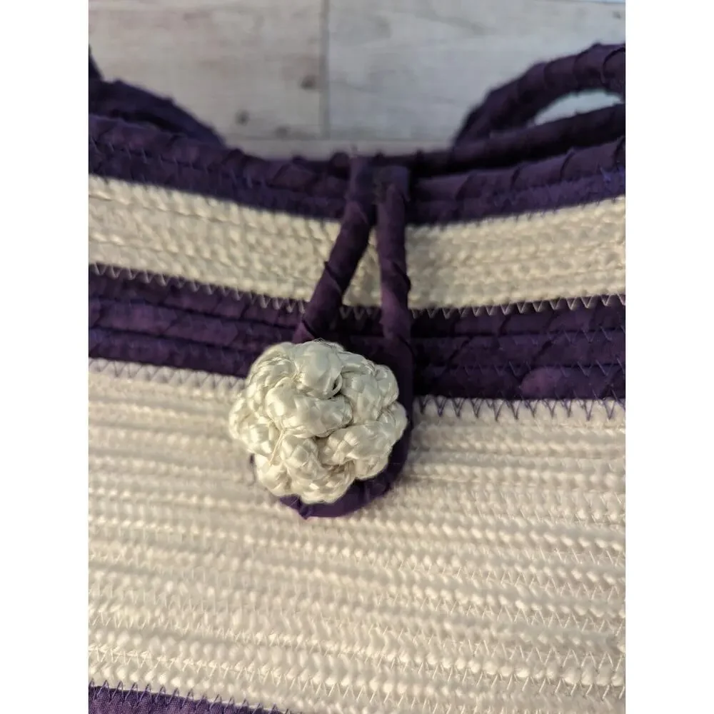 Tote Basket Bag Handmade Purple +White Cord+Fabric Wrapped Cord 18x8x4